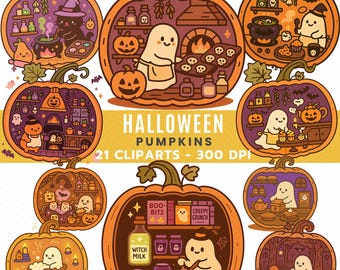 Halloween Pumpkin House Clipart PNG, Kawaii Ghost Pumpkin Clipart Bundle, Cozy Autumn Halloween PNG, Cute Spooky PNG