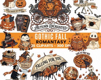 Gothic Fall Romantasy Clipart PNG Bundle, Autumn Halloween Clipart, Dark Romance Autumn PNG, Cozy Gothic Clipart