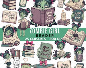 Zombie Girl Reader Clipart, Bookish Halloween PNG, Gothic Reading Clipart, Spooky Book Lover Digital Download