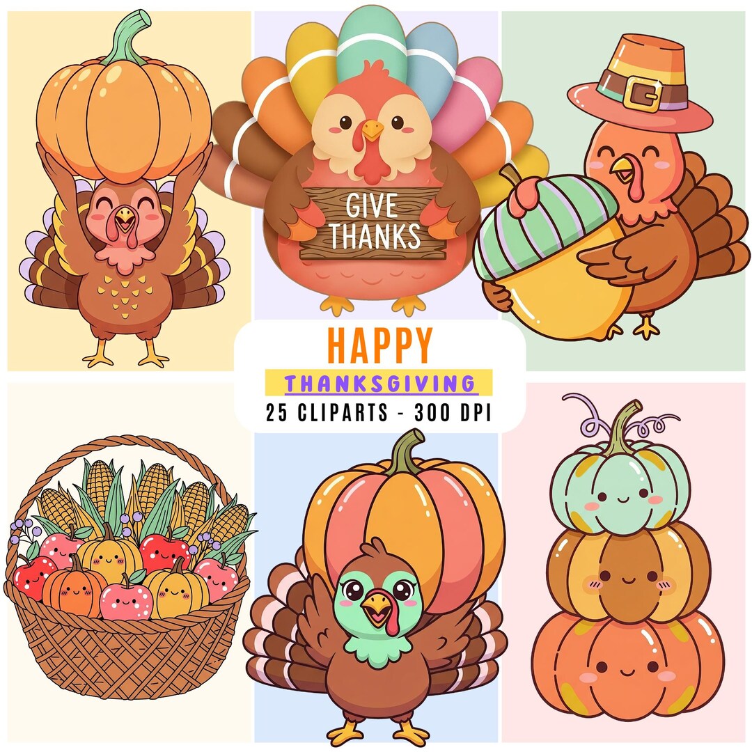 Thanksgiving Clipart Set, Cute Turkey PNG, Fall Harvest Pumpkins ...