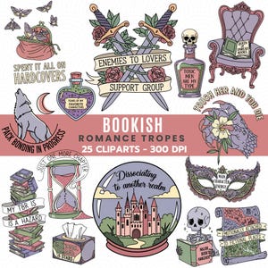 May include: A set of bookish romance tropes clip art. Illustrations include swords, a wolf, a skull, a snow globe with a castle, and text such as "Enemies to Lovers" and "My TBR is a Hazard."