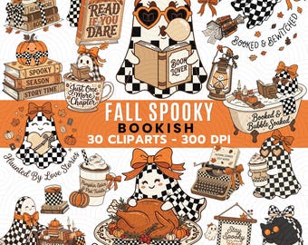 Fall Spooky Bookish Clipart PNG, Ghost Reader Clipart, Autumn Halloween Clipart, Cozy Book Lover PNG