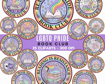 Ensemble de cliparts du club de lecture LGBTQ Pride PNG | Stickers arc-en-ciel Queer Reader | Clipart livresques du Mois de la fierté pour les lecteurs romantiques et LGBTQ