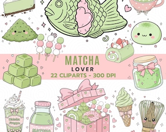 Set de imágenes prediseñadas Kawaii Matcha / PNGs de té japonés para pegatinas (Descarga digital)