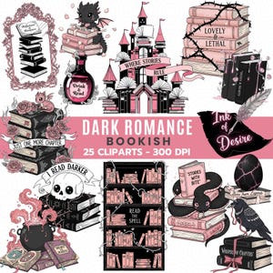 Conjunto de imágenes prediseñadas de libros de romance oscuro / Paquete PNG de lector gótico / Pegatinas de libros fantásticos románticos