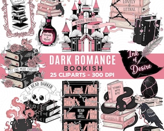 Ensemble de cliparts livresques romance sombre | Pack PNG de lecture gothique | Stickers livres fantastiques romantiques