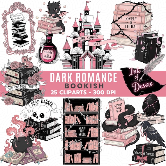 Dark Romance Bookish Clipart Set | Gothic Reader PNG Pack | Romantic Fantastical Books Stickers