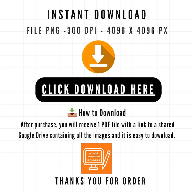 May include: White background with text that reads "INSTANT DOWNLOAD" and "CLICK DOWNLOAD HERE". An orange arrow icon is above the text. The text "How to Download" is also present, along with instructions and a logo.