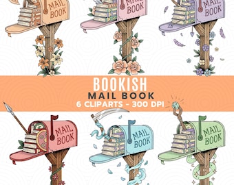 Bundle de cliparts de boîte aux lettres livresques PNG, 300 DPI, amateur de livres fantastiques téléchargement numérique graphiques imprimables