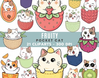 Ensemble PNG Fruity Pocket Cat | Pack de cliparts chat aux fruits kawaii