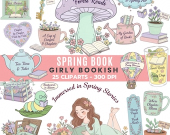 Spring Book Girly Bookish Clipart Bundle PNG 300 DPI Pastel Floral Digital Download Art