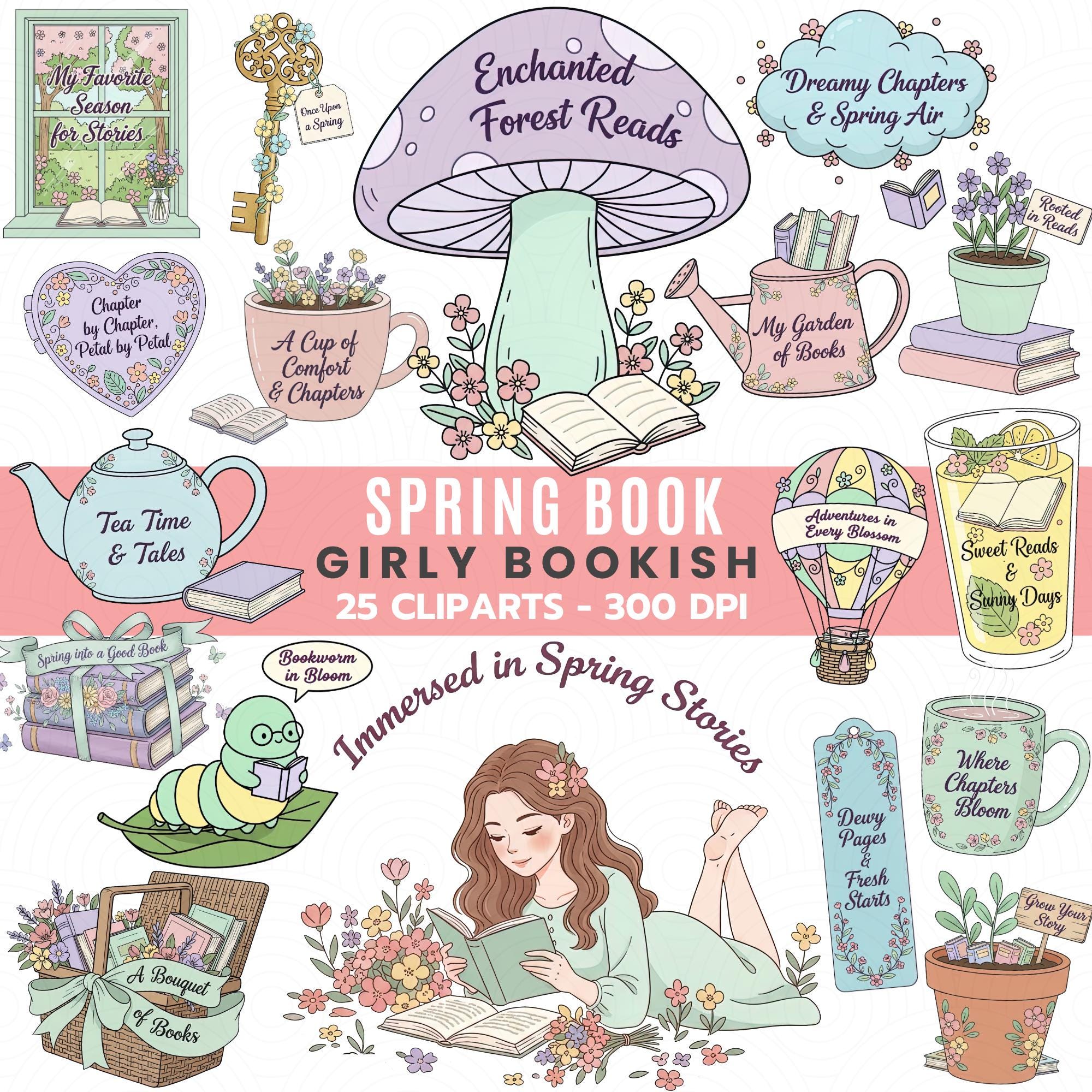 Spring Book Girly Bookish Clipart Bundle PNG 300 DPI Pastel Floral ...