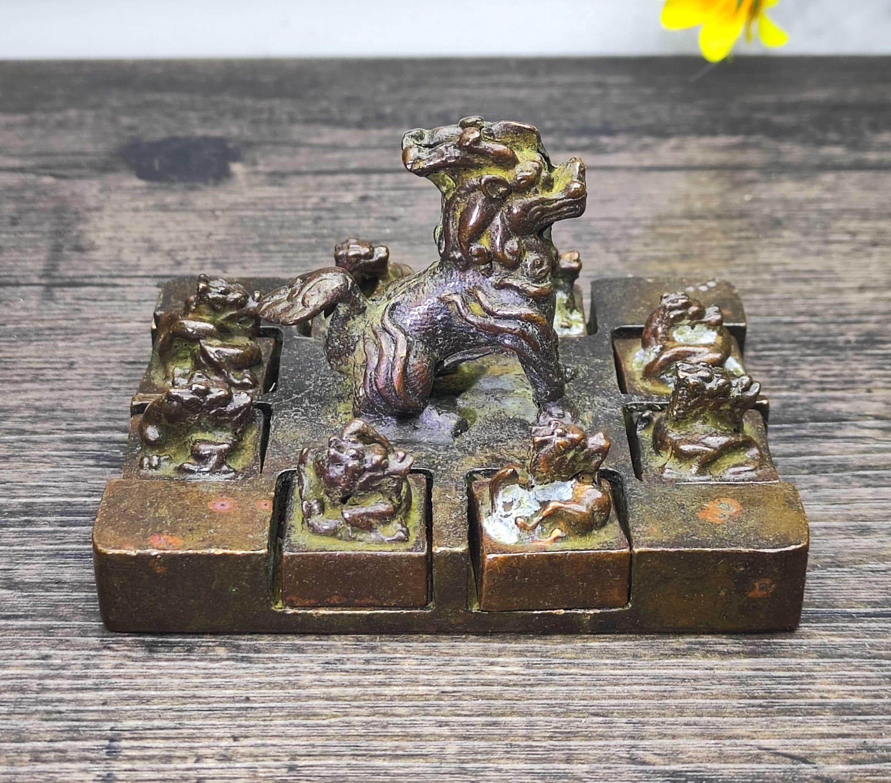 Vintage Bronze Carved the Dragon Has Nine Sons Seal : Feng Shui