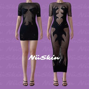 Black Fishnet Dress, Mesh Sheer Maxi & Mini Bodycon Dress, Flame Pattern See Through Clubwear, Two Length Options