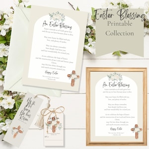 Könnte beinhalten: Eine druckbare Osterkollektion mit einem gerahmten Druck, einer Grußkarte, einem Lesezeichen und einem Geschenkanhänger. Die Artikel haben einen beigen Hintergrund mit Blumen- und Kreuzillustrationen. Der Text enthält "Easter Blessing".