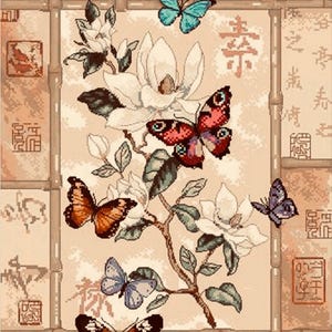 May include: A cross-stitch design featuring a floral and butterfly motif. The image showcases white magnolia flowers and several butterflies in shades of orange, red, blue, and purple. The background has a bamboo-style grid with Asian characters.