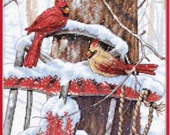 Dimensions "Cardinals on Sled” counted cross stitch kit  Hobbies Crafts Gifts