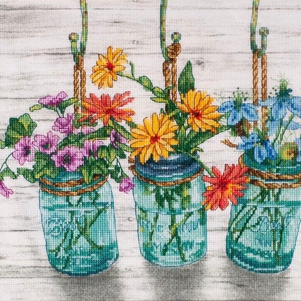 Dimensions Flowering Jars Counted Cross Stitch Kit  Hobbies Crafts Gifts