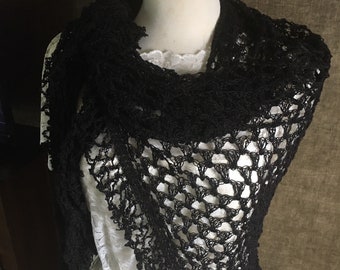 Black Handmade Lacey Frilly Crochet Shawl Wrap Scarf Beach Cover Up Women’s clothing accessories gifts