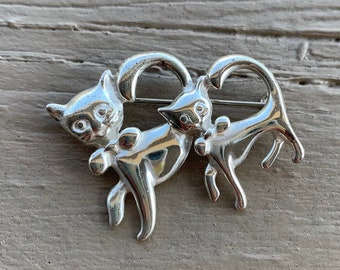 Vintage Sterling Silver Mother Cat & Kitten Pin Brooch/ Vintage Sterling Cat Brooch/ Vintage Sterling Kitten Brooch/ Sterling Cat Jewelry