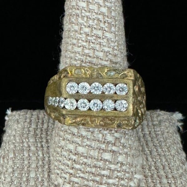 Vintage 18k Gold Plated CZ Channel Set Heavy Brutalist Nugget Signet Ring Sz 9.5