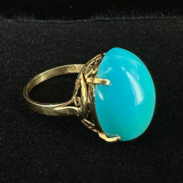 Vintage 18k Gold Large Cabochon Sleeping Beauty Turquoise Solitaire Ring Sz 7/ Good Gift/ Gif for Her/ Sleeping Beauty/ Gift