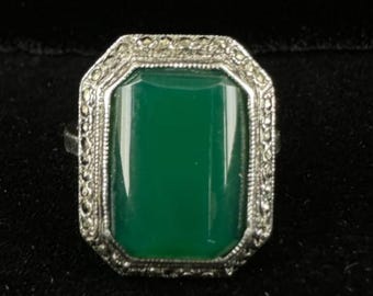 Antik Art Deco Sterling Grön Krysopras Markasit Ring Stl 6