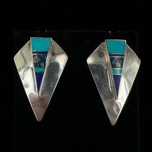 Vintage Sterling Ray Tracey Knifewing Navajo Lapis Turquoise Inlay Earrings 1.5”