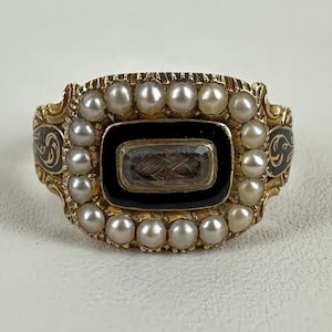 Antique 1834 Georgian European 18k Gold Black Enamel Pearl Mourning Hair Ring