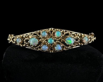 Vintage Victorian Revival 14k Gold Australian Jelly Opal Hinged Bangle Bracelet