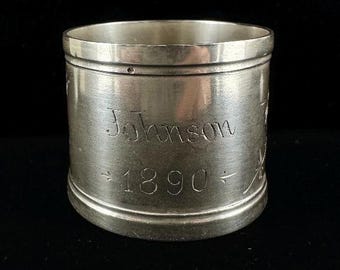 Servilletero antiguo victoriano de 1890 con monograma floral de trigo grabado en plata de ley, 3,8 cm