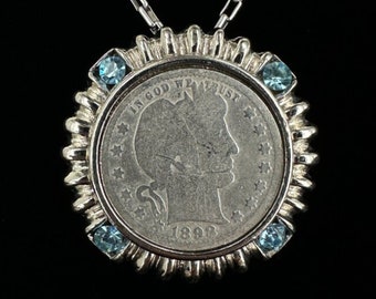 Antique Sterling Silver 1898 US Liberty Barber 50 Cent Half Dollar Coin Necklace 19”
