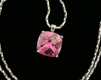 Vintage Sterling Silver Large Pink Square Cut CZ Stone Pendant Necklace 24”