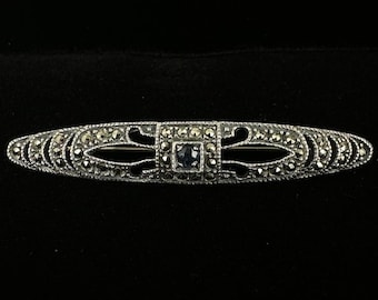 Antique Art Deco Sterling Silver Marcasite Blue Topaz Bar Brooch/Pin 2”