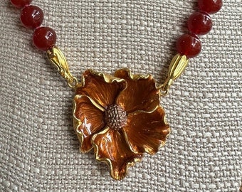 Vintage MMA Signed Red Carnelian Beaded Necklace Gold Plated Enamel Flower Pendant