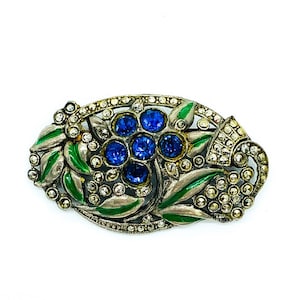 Antique Art Deco Silver Sapphire Rhinestone Marcasite Enamel Flower Pin Brooch/ Antique Art Deco Brooch/ Antique Costume Brooch/ Enamel Pin