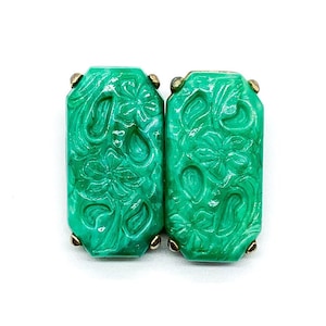 Vintage Art Deco Molded Jade Art Glass Rectangle Clip On Earrings/ Molded Art Glass Art Deco Earrings/ Art Deco Jade Glass Earrings/ Floral