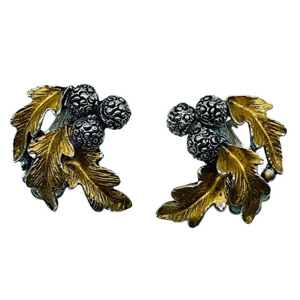 Vintage Retro Acorn Oak Leaf Cluster Silver Gold Tone Clip On Costume Earrings/ Vintage Acorn Earrings/ Vintage Oak Leaf Earrings/ Costume