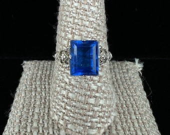 Antique Art Deco Sterling Silver Blue Sapphire Paste Ring Sz 9.5