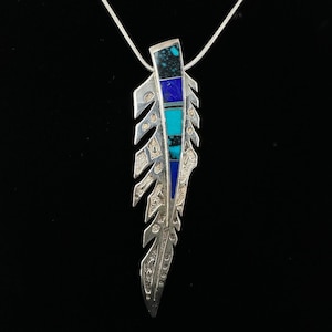 Vintage Sterling Ray Tracey Knifewing Turquoise Lapis Inlay Feather Necklace 21”
