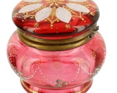 Antique Moser Bohemia Glass Jewelry Trinket Box Dresser Vanity Jar Round Enamel