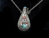 VTG Boho Tibetan Silver Alpaca Silver Gemstone Perfume Bottle Pendant Necklace Snuff Bottle Pendant Necklace Coral Turquoise Glass