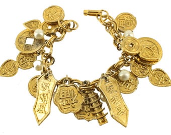 Vintage Pretty Asian Charms & Faux Pearls Gold Tone Double Link Bracelet 7.25"/ Good Gift/ Charm Bracelet