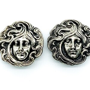 Vintage Art Nouveau Revival Sterling Silver Woman Face Repousse Clip On Earrings/ Art Nouveau Style Sterling Silver Maiden Earrings