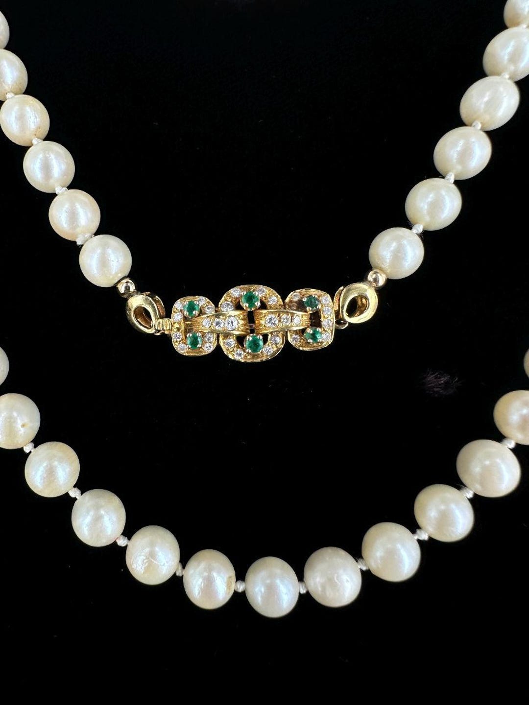 ヴィンテージ 18K ゴールド ロング 養殖真珠 エメラルド ダイヤモンド 