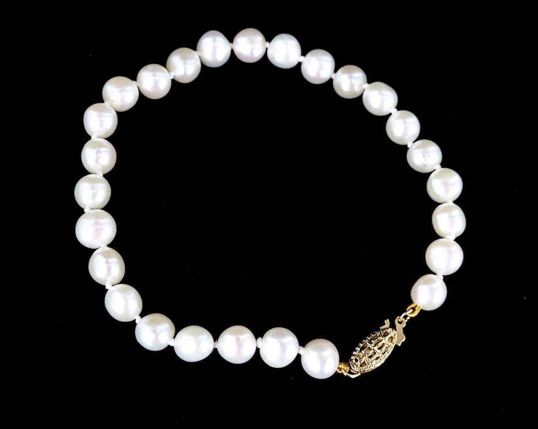 Vintage 14k Yellow Gold 6mm White Pearl Hand Knotted 70s Beaded Bracelet 7.5 / Pearl Jewelry