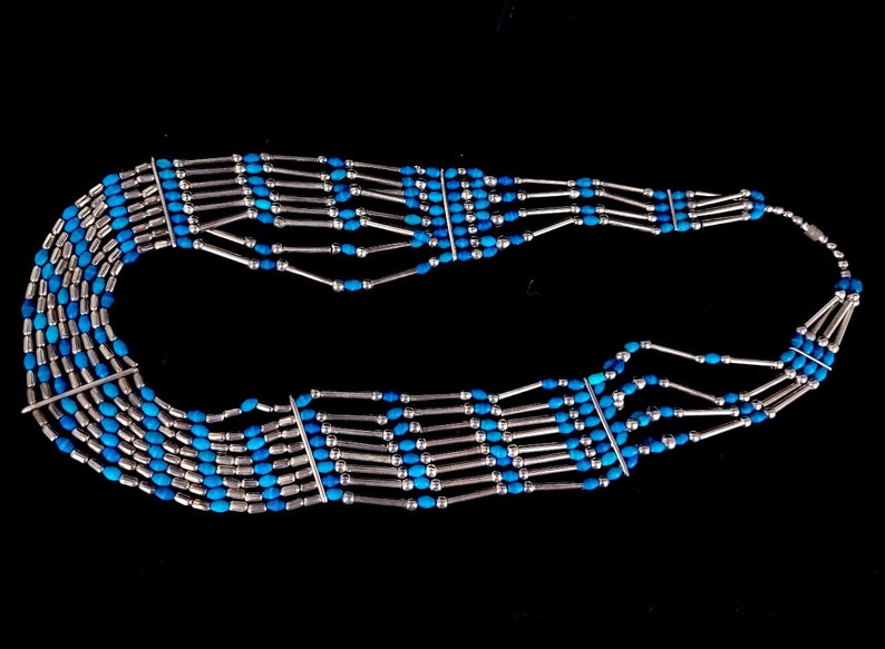 Vintage Egyptian Revival Silver Plated Dyed Wood Beaded Multi Strand Necklace 27 / Egyptian Jewelry /Egyptian Revival /Wooden Bead Necklace image 3