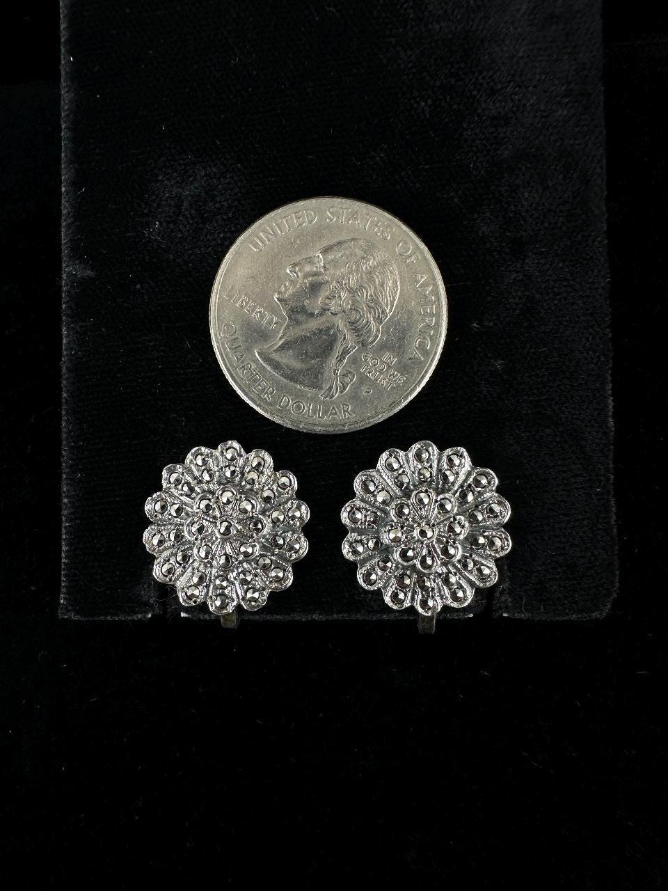 Boucles D'oreilles Anciennes Style Art Déco - Argent Sterling 925 & Nacre/marcassite - Clous - Occasion Vintage