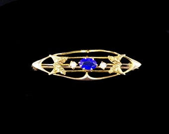 Broche antiguo eduardiano de oro de 10 quilates con barra de perla de vidrio azul Ostby Barton de 3,8 cm / Joyería antigua / Regalos para ella / Buenos regalos / Joyería de oro