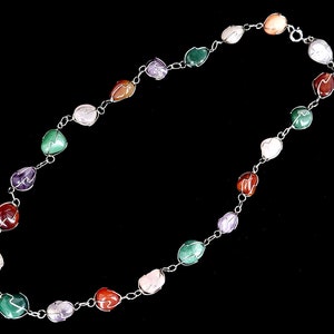 Vintage Sterling Caged Tumbled Gemstone Amethyst Carnelian Rose Quartz Multi Gemstone Wire Wrapped Necklace 24” /Gemstone Jewelry /Good Gift